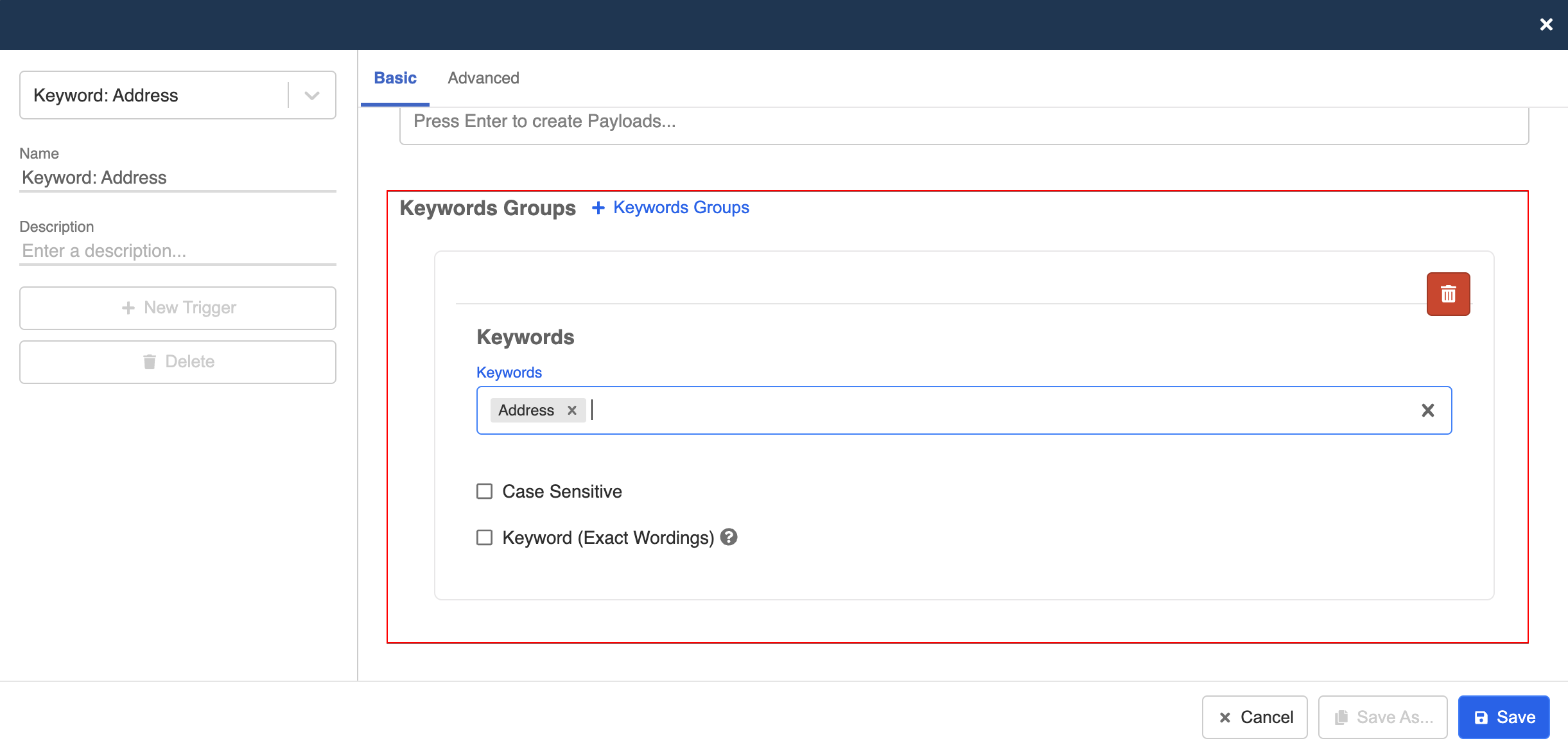 Create address keyword trigger